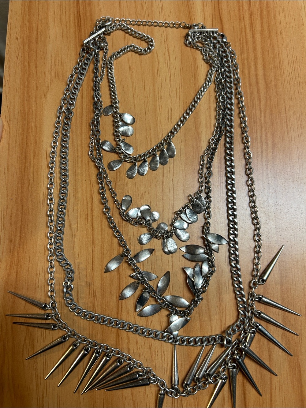 Layered Silver-Tone Spike & Leaf Statement Necklace